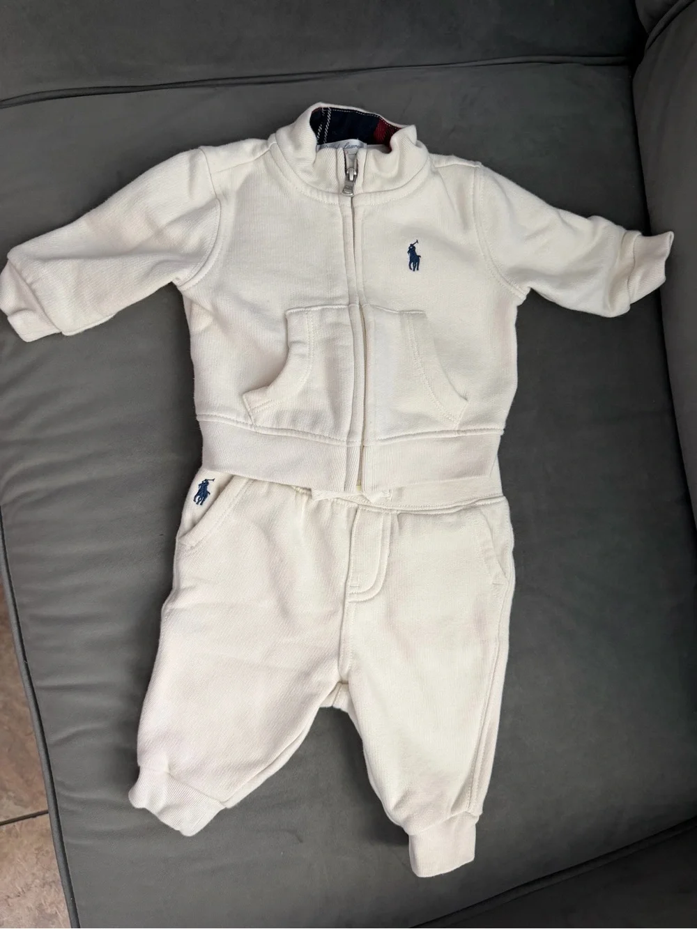 Ralph Lauren Cream Zip-Up Baby Footie with Navy Polo Logo